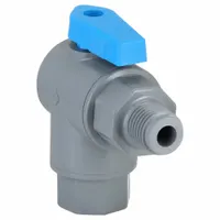 Manual two-way ball valve with 1/4 in connections, PVC body, angle pattern, and full port ball port. Features male NPT x female NPT ends for on/off flow control in plumbing and industrial piping systems handling water, chemicals, or air