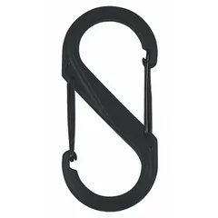 This S-hook double snap hook features a wire gate and nylon construction with an overall length of 3 1/2 inches. It is used for securing and organizing gear, keys, or tools in industrial, outdoor, or workshop settings.