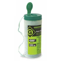 Poly line for pulling cables through conduit. 500 ft length with 210 lbf tensile strength. Supplied in a plastic storage container. Suitable for use with EMT, IMC, and Rigid conduit types.