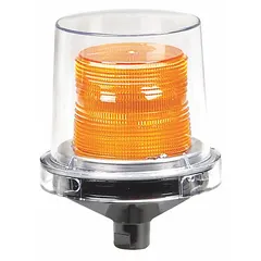 Amber strobe light for hazardous locations, operating at 24V DC. Overall height 7 1/2 in, diameter 5 1/2 in. Designed for pole mounting. Provides visual warning in industrial environments requiring safety-rated signaling.