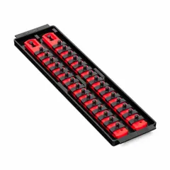 Red plastic socket organizer tray with 30 posts/slots and an overall width of 3 5/8 inches. Includes identification stickers for socket sizes. Used in toolboxes and workshop drawers to hold and organize sockets.