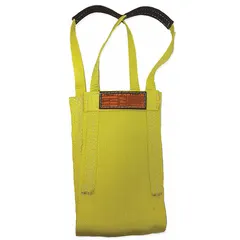 Single-leg nylon web sling with attached eyes, rated for lifting and rigging in industrial material handling. Yellow 1-ply construction with 16 ft sling length, 10 in sling width, and 12 in eye length. Includes a wear-resistant tag for identification.