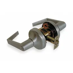 Classroom lever lockset in Augusta style with satin chromium-plated heavy gauge steel finish. ANSI F84 function allows key-locking from outside and free egress inside. ADA compliant. Not ligature-resistant, no visual indicator. Suitable for classroom doors in commercial or institutional buildings.