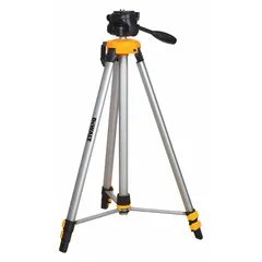 Aluminum tripod with a height range of 3 3/16 ft to 6 ft. Features a flat head and a removable 1/4"-20 thread mount connector. Includes a carrying case for storage and transport. Used to support laser levels during layout, alignment, and leveling tasks.