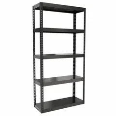 This extra-heavy-duty boltless shelving unit features solid steel decking and an angle beam profile. It has a powder-coated black finish with open side panels. Maximum post load capacity is 6,000 lb with beams evenly spaced at 21 in. Suitable for industrial storage of dense materials in warehouses and manufacturing facilities.
