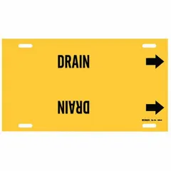 Yellow strap-on pipe marker with black legend reading 'Drain' and directional arrows. Fits pipe outer diameters from 8 to 9-7/8 inches. Supplied as a single marker for identifying drain lines in piping systems.