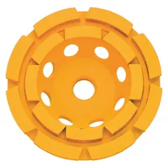 Double-row diamond segment cup grinding wheel with 4" diameter and 5/8 in-11 arbor. Features 16 segments for aggressive material removal on concrete, masonry, and stone surfaces. Suitable for surface preparation and grinding applications.