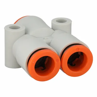 SMC Push-Fit Wye Fitting: 5/16 in OD x 5/16 in OD x 3/8 in OD Size - Polybutylene & Brass Tube Fittings