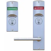 Classroom lever lockset with ANSI F32 function, featuring a satin chromium-plated steel finish. ADA compliant for accessibility. Includes a locked/unlocked visual indicator. Suitable for use in educational facilities where secure locking and visual status indication are required