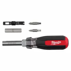Multi-bit punchdown screwdriver for seating and cutting wires on 110 and 66 blocks and jacks. Features 9 functions including a cushion-grip screwdriver handle and punch down tool. Suitable for telecommunications and data cabling installations.