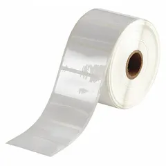 Acrylic precut label roll with removable adhesive, 1.5 in x 1 in, supplied in rolls of 1,500 labels. Compatible with BBP11, BBP12, and THT printer series for thermal transfer printing. Used for temporary identification and labeling in industrial environments such as manufacturing, warehousing, and asset tracking.
