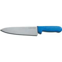 This chef knife has a 15 in overall length with a curved steel blade for rocking cuts. The blue polypropylene handle provides a secure grip. NSF certified for sanitation in commercial food preparation environments