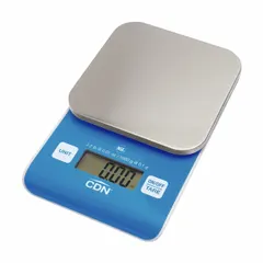 Compact food scale with a 4 1/2-inch square weighing surface and 1-inch overall height. Features an LCD display and readability of 0.01 oz/0.1 g for precise portion control and ingredient weighing in commercial kitchens and food preparation areas.