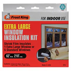 This polyolefin shrink and seal window kit consists of a single clear plastic film sheet measuring 17.5 ft in width. The film is applied to window frames and then heated to shrink, creating an insulating air gap that reduces heat loss and drafts. Suitable for use on residential or commercial windows to improve energy efficiency during cold weather.