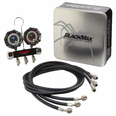 BLACKMAX Manifold Gauge Set: 2 Valves, 3 Hoses, 3 1/8 in Gauge - Analog Manifold Gauge Kits