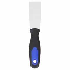 This standard spreading tool features a carbon steel blade with a tapered shape and half-ground edge. The handle is made of polypropylene with a TPR grip. It is used for applying and smoothing putty, filler, or adhesive on surfaces in general maintenance, drywall repair, and glazing tasks.
