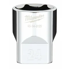 This 6-point standard socket features a 1/2 in drive and 24 mm metric size, with a chrome finish for corrosion resistance. The anti-roll hex geometry prevents the socket from rolling on sloped surfaces, suitable for tightening or loosening fasteners in automotive and industrial maintenance tasks.