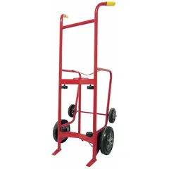 This drum hand truck is designed for moving, tilting, and dispensing 55-gallon steel containers. It features a steel frame and tread on core rubber wheels. Load capacity is 1,000 lb. Overall dimensions: 56-1/2 in x 24 in x 21-1/2 in.