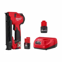 This cordless stapler operates in sequential mode for precise staple placement. It accepts staples with a leg length of 1 in to 1 in and features a brushed motor. The kit includes one battery (MPN 48-11-2425) but no charger. Suitable for fastening insulation, vapor barriers, and other materials in construction and maintenance tasks.