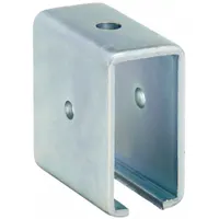 Steel trolley support with electroplated silver finish. Overall length 3-3/4 in, width 2-1/8 in, thread size 9/16 in. Used in material handling systems to suspend and guide trolleys along overhead tracks in industrial environments