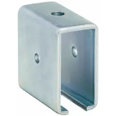 Steel trolley support with electroplated silver finish. Overall length 3-3/4 in, width 2-1/8 in, thread size 9/16 in. Used in material handling systems to suspend and guide trolleys along overhead tracks in industrial environments.