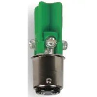 This LED lamp features a BA15d double-contact bayonet base and a T3-1/4 tubular bulb shape. It operates at 120V AC and emits green light. Suitable for use in industrial signaling applications such as warning lights, status indicators, and control panels