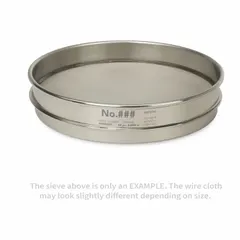 This test sieve has an 8-inch outside diameter and 1 5/8-inch height, with a stainless steel frame and stainless steel screen material. It meets ASTM E11 standards and has a US Standard Screen Size of #10. Used for particle size analysis and material classification in laboratory and industrial settings.