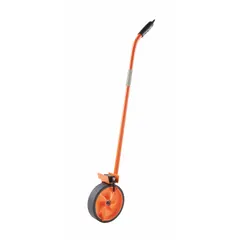 The KESON MP201 is a mechanical measuring wheel with a fixed handle and a solid single rubber wheel on a steel frame. It is SAE (Feet) calibrated with a 99,999 ft range and features a rubber tread. This non-foldable, center-aligned wheel requires no batteries and is suited for outdoor distance measurement tasks such as surveying, paving, and site layout.