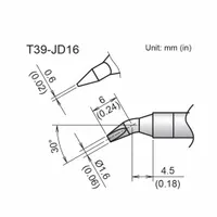 The HAKKO T39-JD16 is a bent chisel soldering tip from the T39 Series, featuring a 1.6 mm width and 10.5 mm length. It is designed for use with the FX-9702 handpiece. This tip is suitable for precision through-hole and surface-mount soldering in electronics assembly, repair, and rework