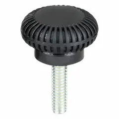 Plastic knurled knob with a steel threaded insert. Features a 0.75 in diameter and #8-32 thread with 0.625 in thread length. Used for manual adjustment and clamping on machinery, fixtures, and industrial equipment.