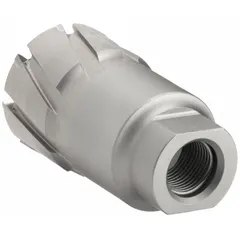 This annular cutter features a two-piece alternate-tooth carbide-tipped design for cutting precise holes in metal. With a 1-11/16 in diameter and 2 in max cutting depth, it is suited for industrial fabrication, structural steel work, and maintenance tasks. The bright finish and included pilot pin facilitate accurate alignment and clean cuts.