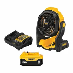 This cordless jobsite fan operates on the DEWALT 20V MAX* battery platform (battery not included) and features an 11-inch blade for air circulation. The continuous speed setting provides steady airflow suitable for cooling workers or drying surfaces in construction sites, workshops, and industrial facilities.