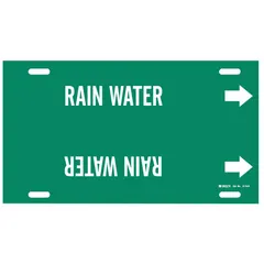 Green strap-on pipe marker with white legend reading 'Rain Water' and directional arrows. Fits pipe outer diameters from 10 to 15 inches. Used to identify rain water lines in industrial piping systems, supporting clear visual communication of pipe contents and flow direction.
