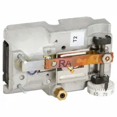 Pneumatic thermostat with reverse action for two-pipe high-volume air flow systems. Temperature control range 55° to 85°F. Designed for horizontal mounting without cover. Used in HVAC systems to regulate temperature in commercial building zones.
