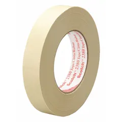 This tan, rubber-based masking tape with crepe paper backing is designed for indoor use on metal surfaces. It provides clean paint lines and secure hold during painting, trimming, and finishing tasks. The tape measures 7.2 mil thick, 2 13/16 inches wide, and 60 yards long.
