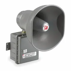 This 1-way horn speaker operates on 24V AC/DC and measures 12 1/2 inches in height by 8 inches in width. It is used for outdoor audible signaling in industrial facilities, warehouses, and perimeter security applications, delivering clear warning tones or voice messages in harsh environments.