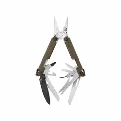 Full-size multi-tool with fold-out pliers, butterfly opening mechanism, and 20 integrated tools including a wood/metal file. Stainless steel construction with bronze finish. Closed length 4 1/4 inches. Suitable for cutting, gripping, filing, and fastening tasks in industrial maintenance, field service, and construction.