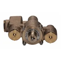 Thermostatic mixing valve in brass with 1/2 in NPT x 3/4 in NPT connections. Designed for eyewash applications, it blends hot and cold water to deliver tempered water. Features a cold water bypass to maintain flow if hot water supply fails