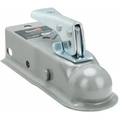 Straight-tongue coupler for connecting a trailer to a tow vehicle. Type I rating with 2,000 lb gross towing weight capacity. Constructed from steel with a primer finish. Suitable for light-duty towing applications.