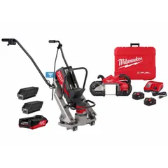 This combination kit includes a portable band saw and a vibratory screed, both operating on 18 V DC to 72 V DC batteries. The band saw is used for cutting metal pipe and structural steel, while the vibratory screed is designed for leveling and consolidating concrete surfaces. Suitable for construction and demolition tasks requiring cordless portability.