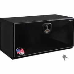 This single drop-down door box from BUYERS PRODUCTS is designed for secure underbody storage on trucks and service vehicles. It features an 18-inch overall depth and a keyed lock for tool and equipment security. The black finish provides corrosion resistance in outdoor environments.