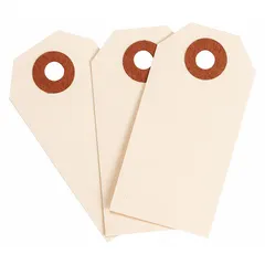 Manila cardstock shipping tags for identifying and tracking packages, pallets, and inventory in warehouses, logistics centers, and manufacturing facilities. Each tag measures 2-3/4 in high by 1-3/8 in wide, made from 30-point cardstock for durability during transit and storage. Supplied in a 1,000-pack.