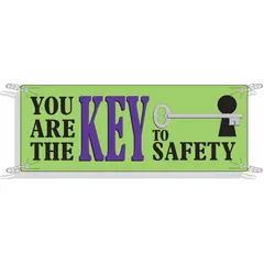 Polyethylene banner printed on one side. Nominal sign size 48 in x 120 in. Suitable for indoor and outdoor use. Commonly used for safety messaging in industrial facilities.