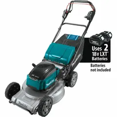 Battery-powered lawn mower with a 21-inch cutting width and aluminum deck. Features variable speed settings and single-point cutting height adjustment. Operates on the LXT® battery platform. Suitable for residential lawn care on medium-sized properties with flat to moderately sloped terrain.
