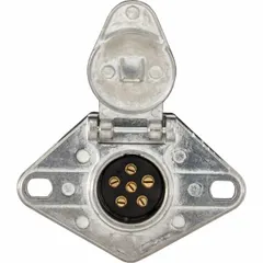 Steel 6-way trailer electrical connector with spring mechanism for secure electrical connections between towing vehicles and trailers. Used for power and signal transmission for lighting, braking, and auxiliary functions in fleet and vehicle maintenance applications.