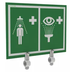 Aluminum sign with mounting holes for permanent installation. Not retroreflective, not glow-in-the-dark, and without anti-slip surface. Used to identify locations of emergency safety showers and eyewash stations in industrial settings.