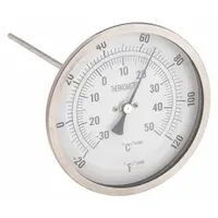 This back-mount fixed-angle thread-mount dial thermometer measures temperatures from -20°F to 120°F / -30°C to 50°C with ±1% accuracy. It features a 9-inch stem length and is designed for installation in ducts, tanks, and pipelines for temperature monitoring in HVAC, refrigeration, and industrial process applications
