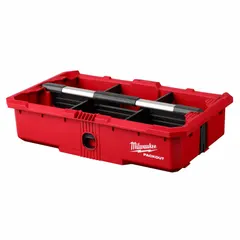 Polymer tool organizer tray in black/red, measuring 19 13/16 in W x 5 in H x 11 11/16 in L. Includes 5 dividers for separating small tools and parts. Compatible with the PACKOUT modular storage system for stacking and transport.
