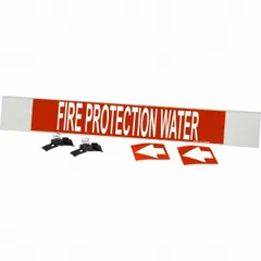 Red fiberglass carrier-mounted pipe marker with white legend 'Fire Protection Water' and arrows. Designed for pipes 8 inches and larger outer diameter. Used to identify fire protection water piping, indicating contents and flow direction for safety and maintenance.