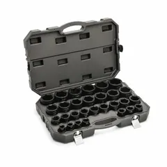 This 29-piece SAE impact socket set features 3/4 in drive and six-point sockets ranging from 3/4 in to 2-1/2 in. Sockets are retained by a friction ring mechanism. Suitable for heavy-duty fastening tasks on industrial equipment, automotive repair, and construction machinery.